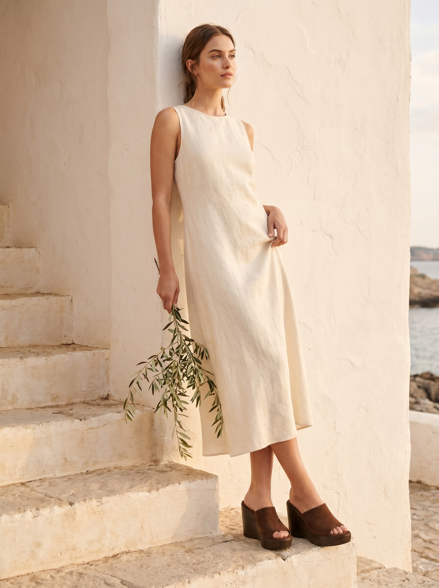 Cuñas Calenzo - mujer con cuñas de ante en ambiente mediterráneo