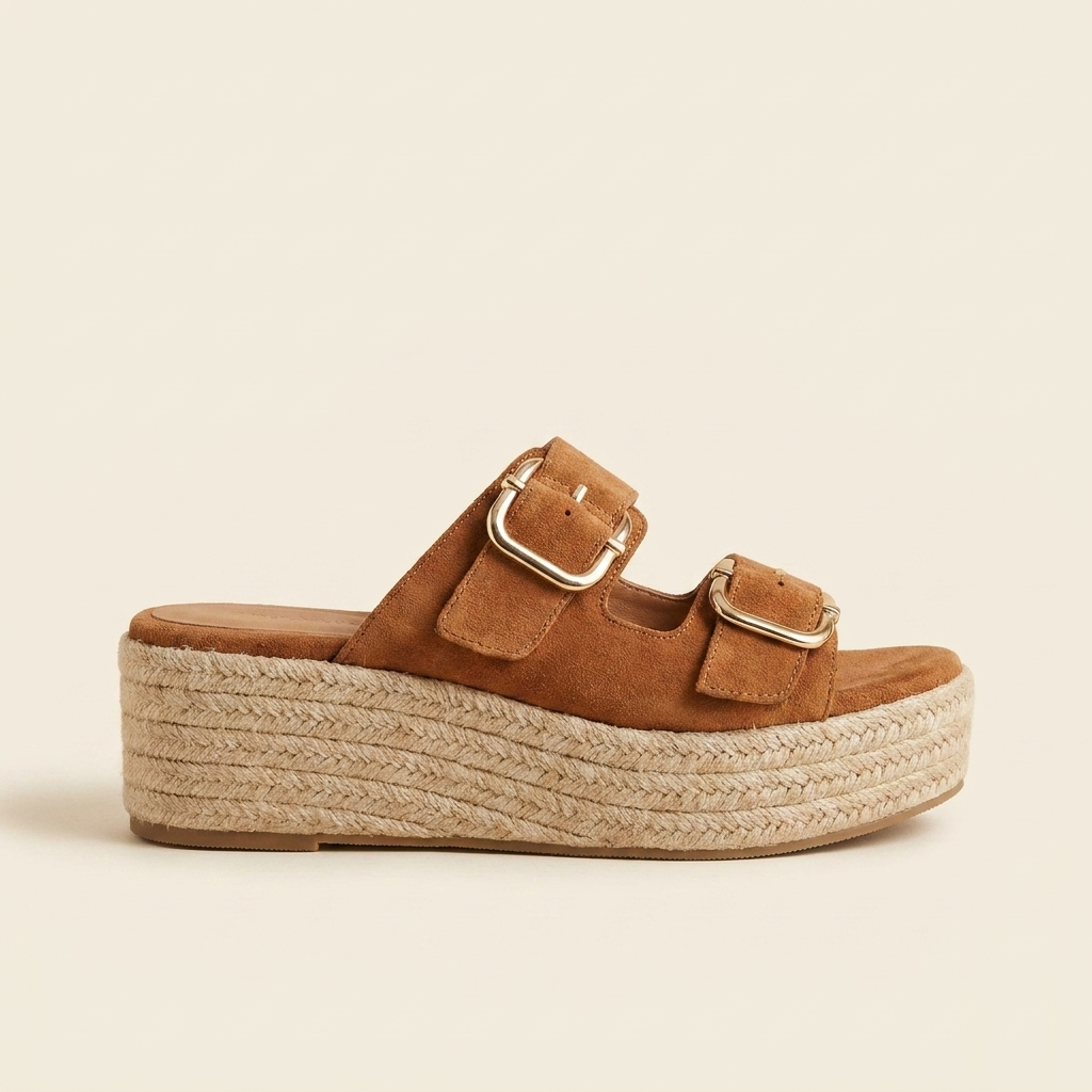 Carla mule cognac perfil lateral con plataforma de yute