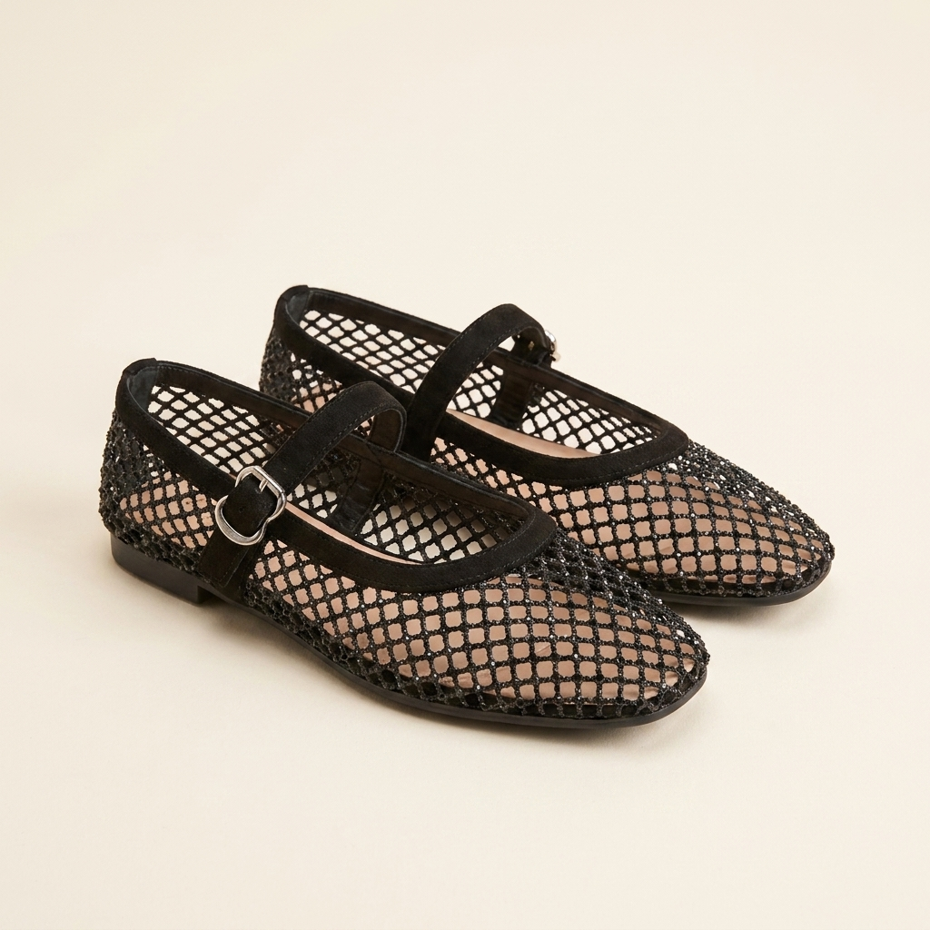 Paula bailarina Mary Jane malla strass negro, tres cuartos