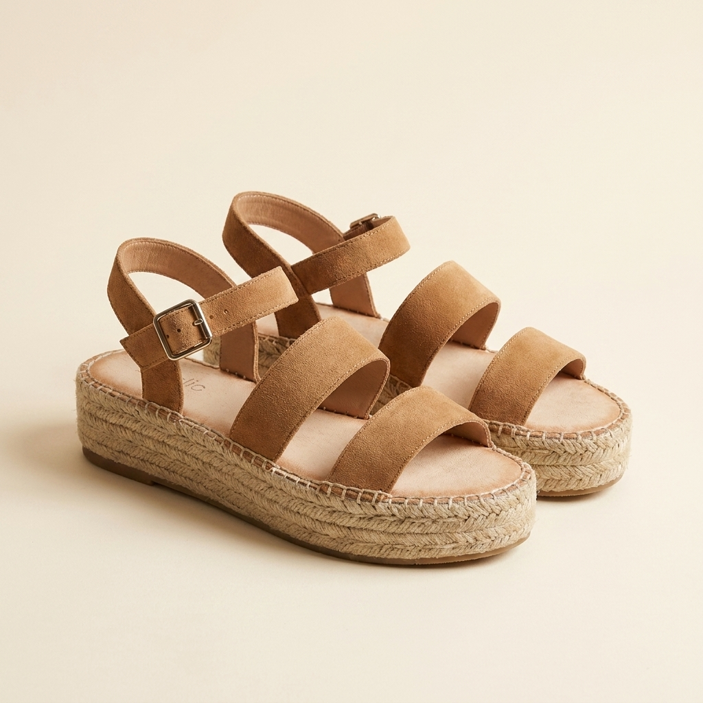 Nora sandalia plataforma yute camel, tres cuartos