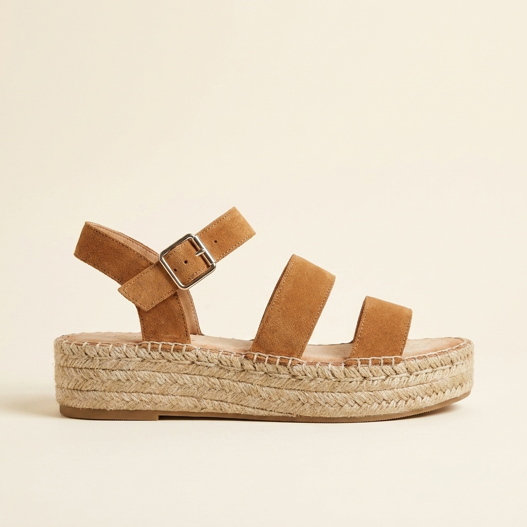 Nora sandalia camel perfil con plataforma de yute