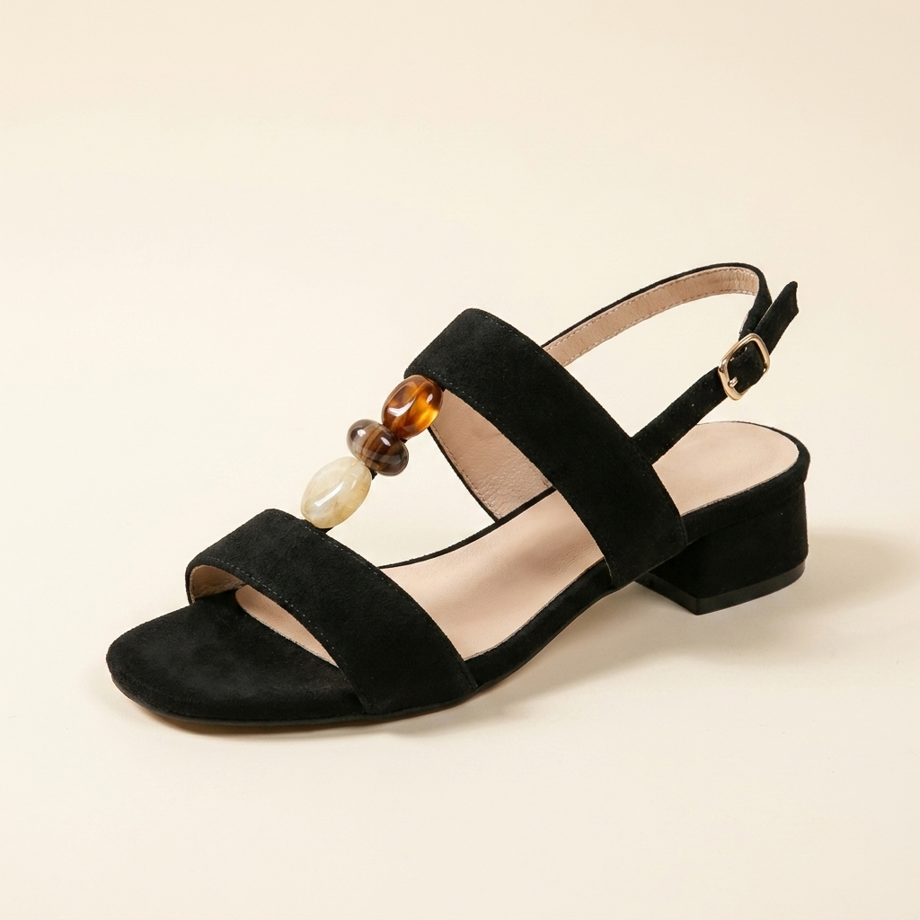 Sandalia plana con piedras negro - 3/4