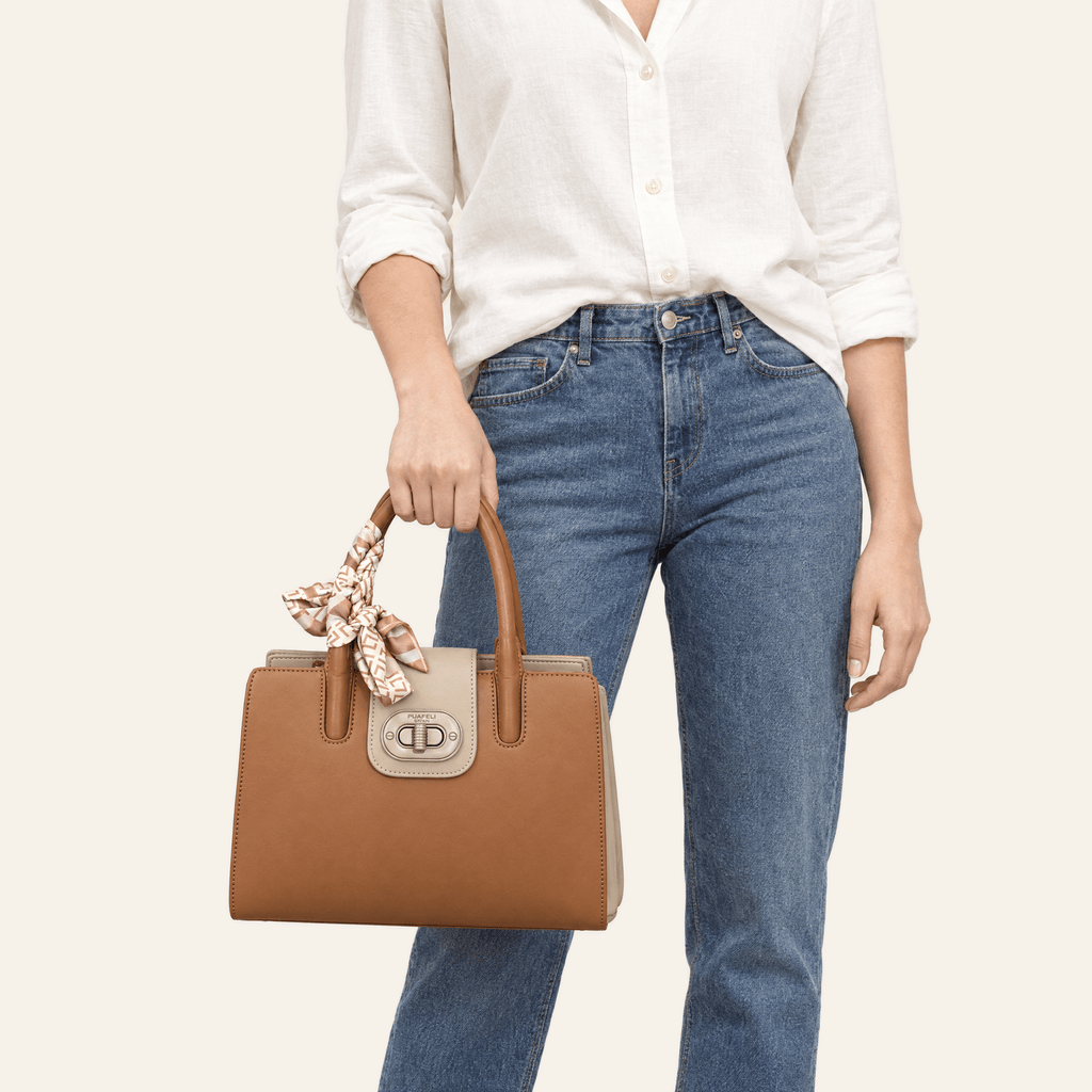 Salamanca · Bolso Estructurado con Foulard — Cognac y Beige - zapatos de mujer Calenzo