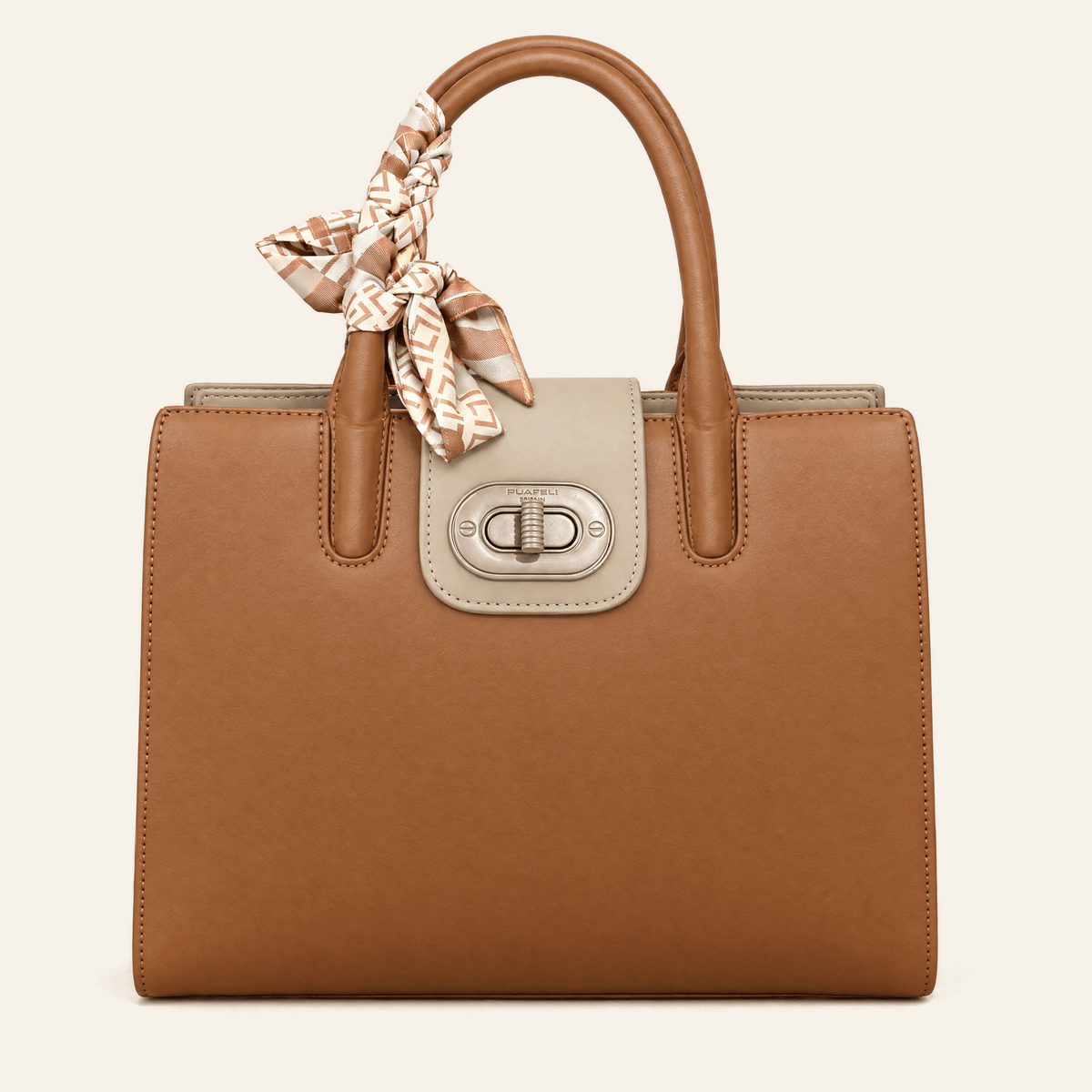Salamanca · Bolso Estructurado con Foulard — Cognac y Beige - zapatos de mujer Calenzo