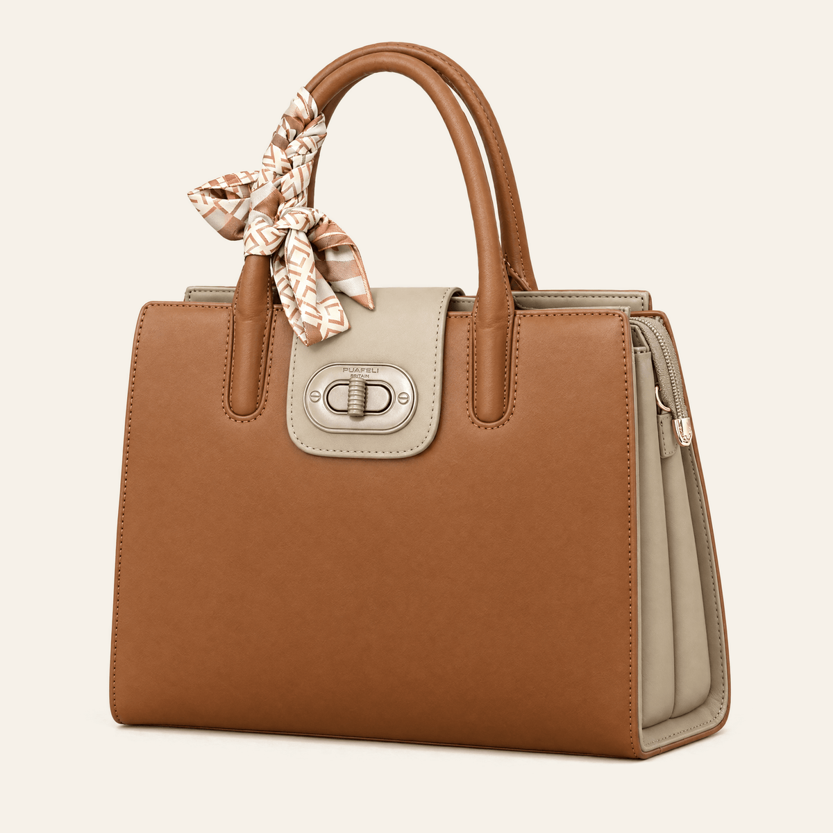 Salamanca · Bolso Estructurado con Foulard — Cognac y Beige - zapatos de mujer Calenzo