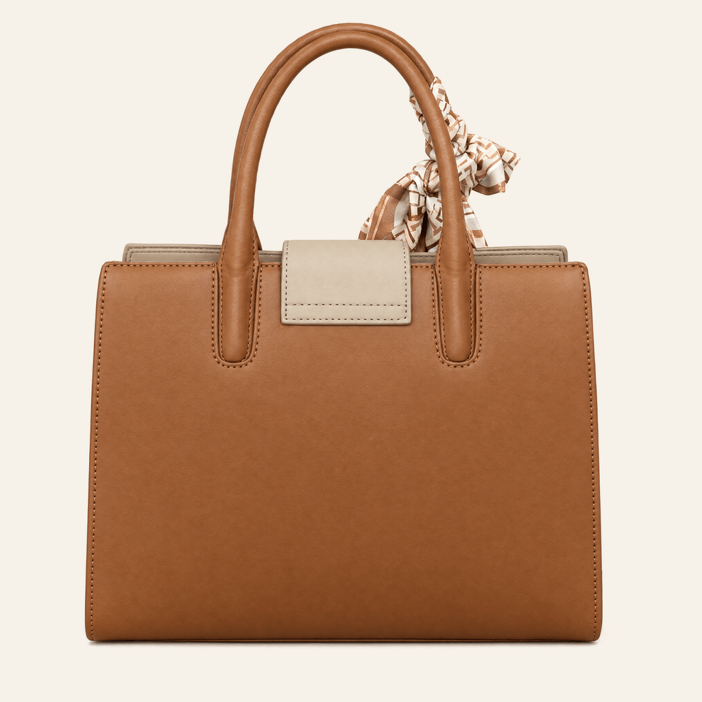 Salamanca · Bolso Estructurado con Foulard — Cognac y Beige - zapatos de mujer Calenzo