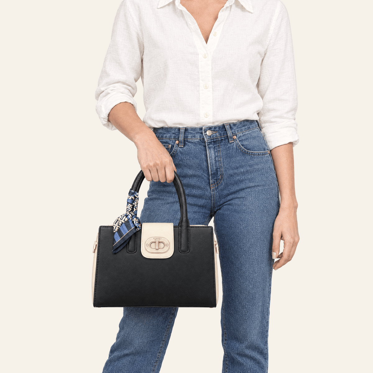 Salamanca · Bolso Estructurado con Foulard — Negro y Crema - zapatos de mujer Calenzo