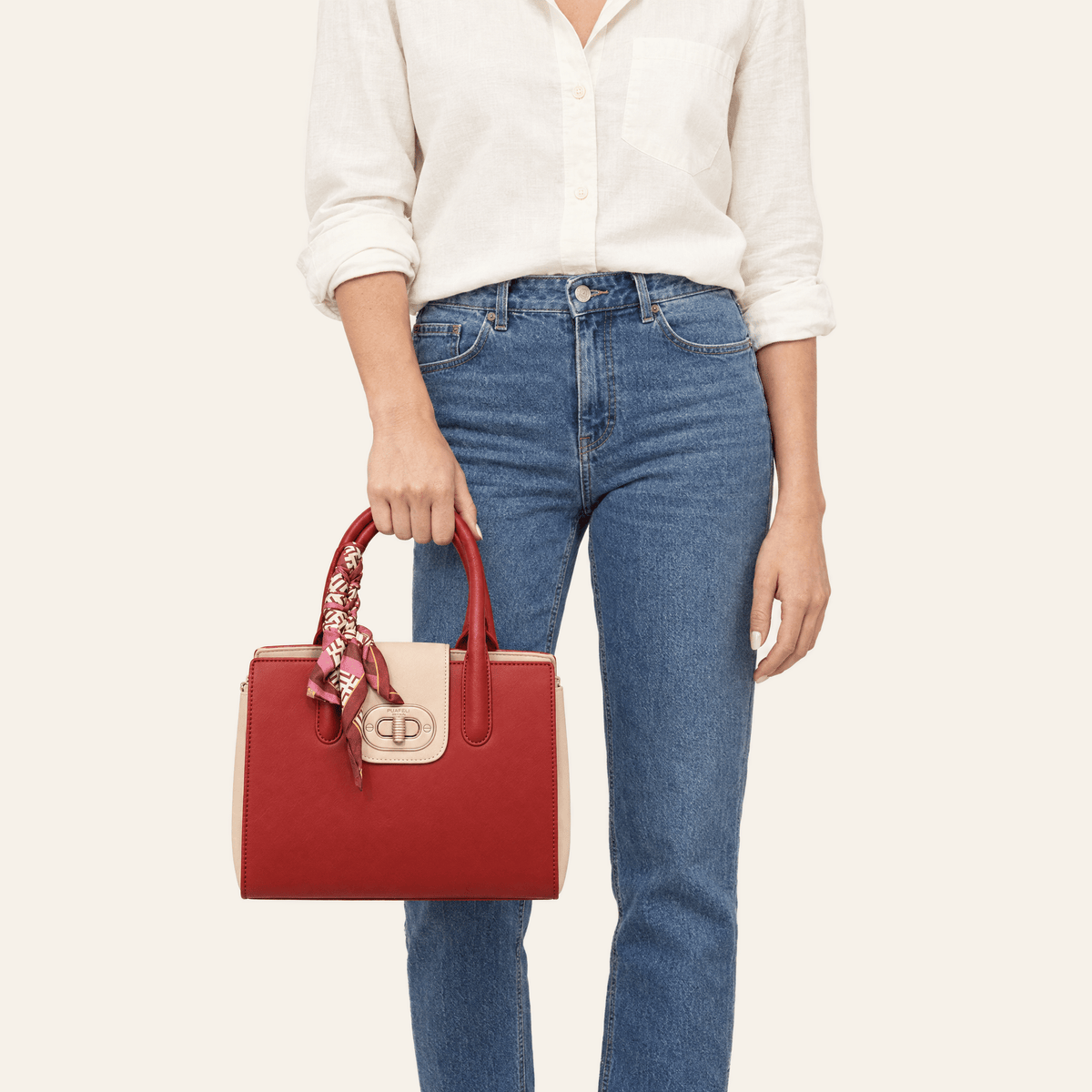 Salamanca · Bolso Estructurado con Foulard — Rojo y Beige - zapatos de mujer Calenzo