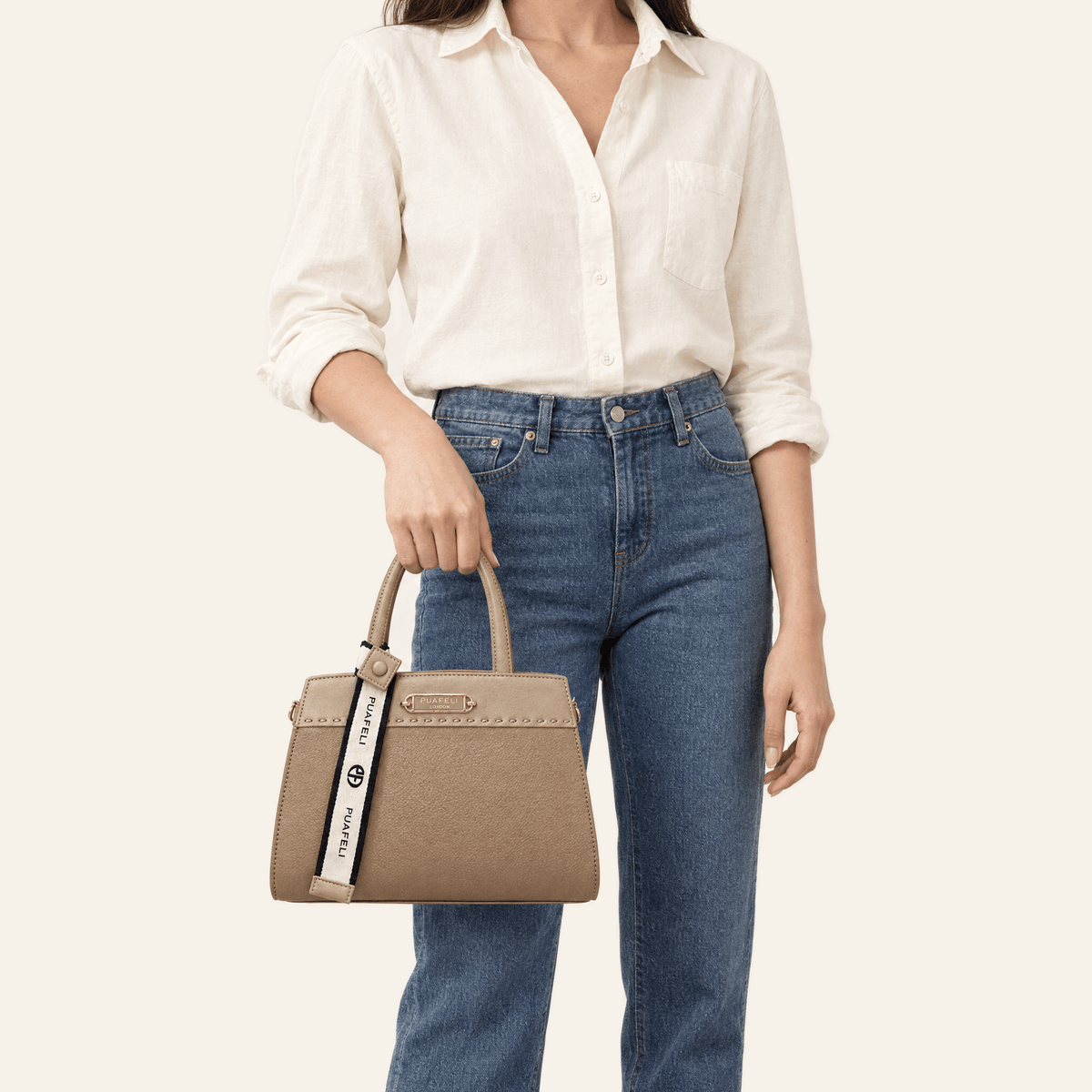 Velázquez · Bolso Estructurado con Placa Dorada — Camel y Topo - zapatos de mujer Calenzo