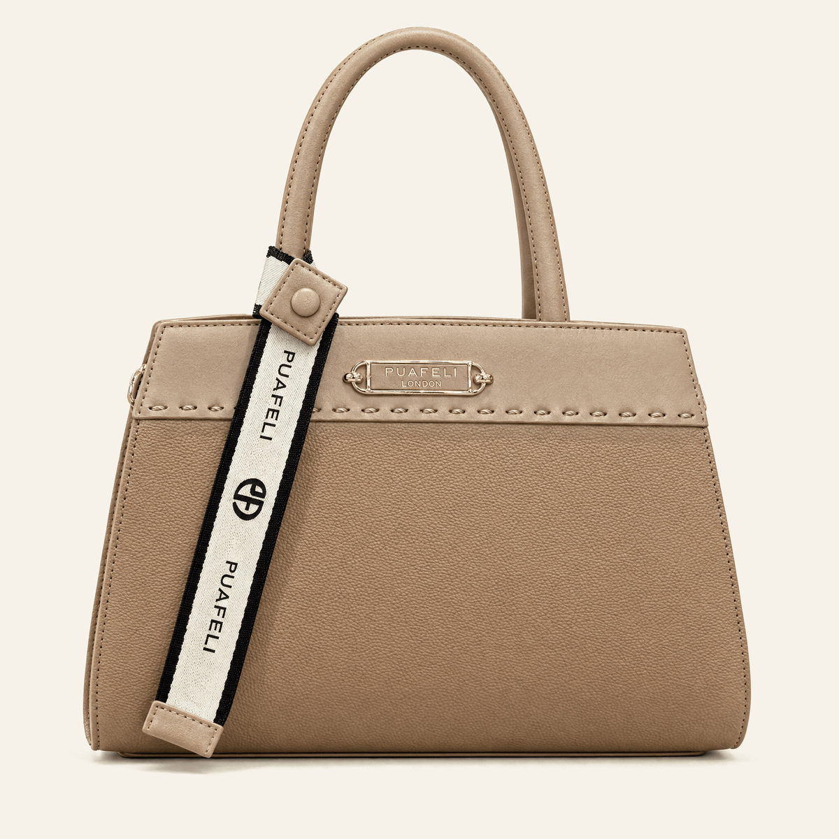 Velázquez · Bolso Estructurado con Placa Dorada — Camel y Topo - zapatos de mujer Calenzo